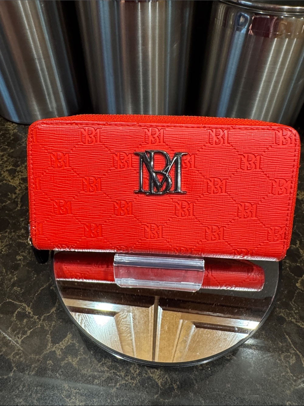 Badgley Mischka Red Zip Wallet with Embossed Logo zipper pull replaced